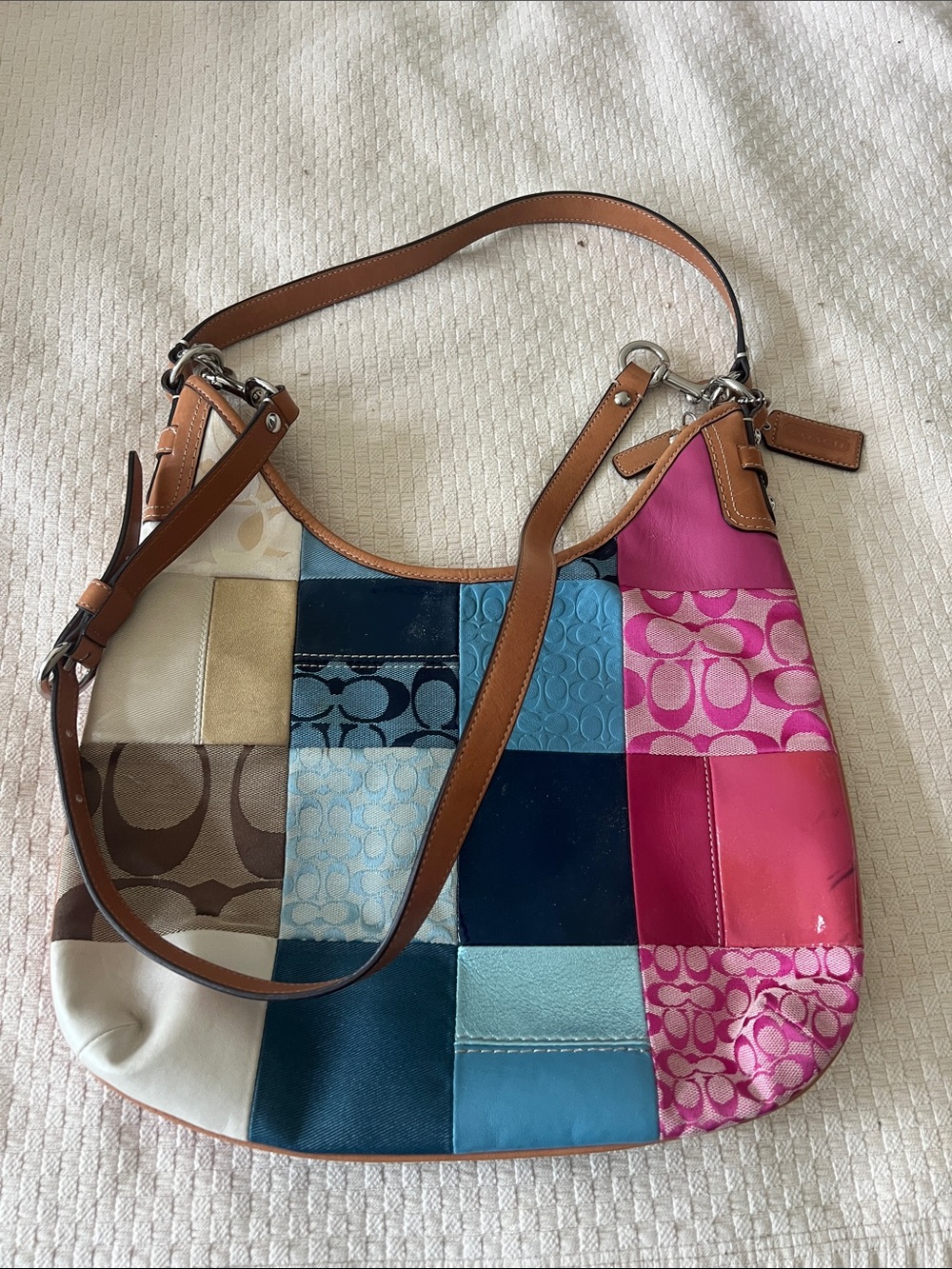 Coach Multicolor Patchwork Shoulder Bag with Tan Leather Trim